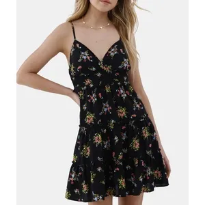 No Boundaries Womens Mini Dress Size L Black Floral Surplice Tiered Boho NWT thumbnail 2