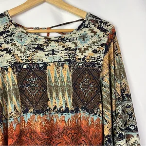 Boutique Now N Forever Brown Boho Printed Long‎ Bell Sleeve Top L thumbnail 3