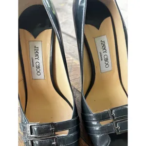 Jimmy Choo Peep Toe Pumps 39.5 Black Patent Leather Double Buckle Stiletto thumbnail 7