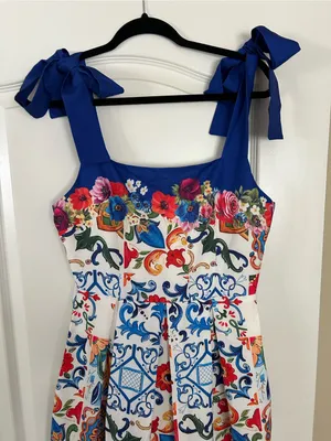 Dalia Macphee Floral Mosaic Tile Print Sleeveless Shoulder Tie Dress Pleat Skirt thumbnail 4