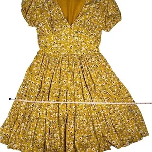 Yellow Ditsy Floral Boho Mini Dress Size PS V Neck Puff Sleeve Tiered Spring Fit thumbnail 7