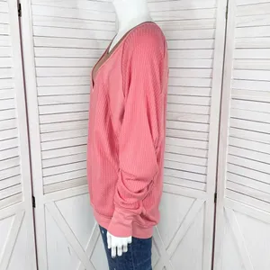 Free People Santa Clara Thermal‎ Oversized Shirt Coral Pink Orange Medium thumbnail 3