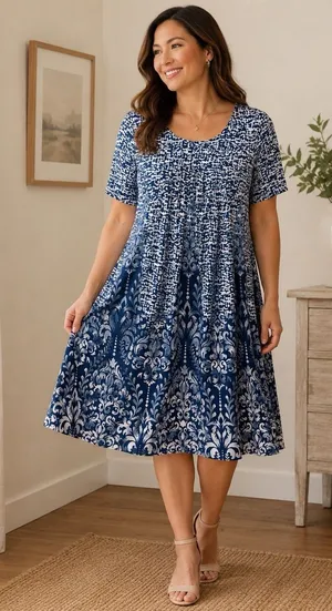 NEW Blue‎ White Damask Print Swing Midi Dress Boho Coastal Flowy Casual Medium thumbnail 1