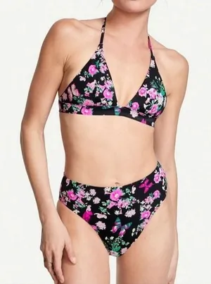Victoria's Secret 47B Floral Butterfly High Waist Bikini Set Black‎ Pink M / S thumbnail 1