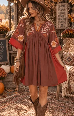NWT Easel Floral Embroidered Boho Babydoll Mini Dress Mocha Brown M thumbnail 1