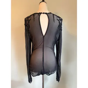 Tapesh Black Sheer Mesh Beaded Sequin Long Sleeve Bodysuit Large Vintage whimsig thumbnail 5