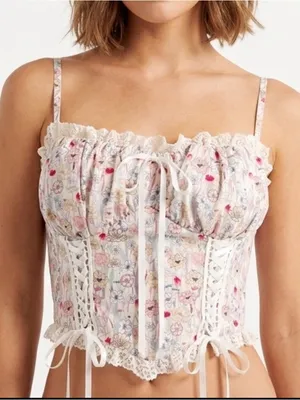 Vintage style Corset Floral Lace-Up Crop Top thumbnail 1