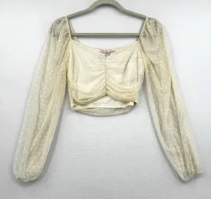 Blue Blush Coquette Crop Top Y2K Romantic Ivory Swiss Dot Mesh Beige Fairycore M thumbnail 1