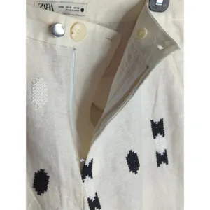 Zara White‎ & Green Geometric Embroidered Linen Pants Small Coastal Bohemian thumbnail 5