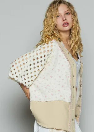 M POL Patchwork Cream and Beige Crochet Sleeve Cardigan thumbnail 1