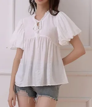 Cottagecore Drapey Top cotton blend puff sleeve womens White (small) coquette thumbnail 1