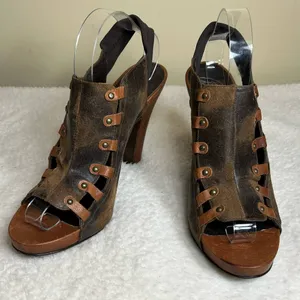 Donald J Pliner Heels Womens 10 Saddle Vishad Open Toe Distressed Leather‎ thumbnail 2