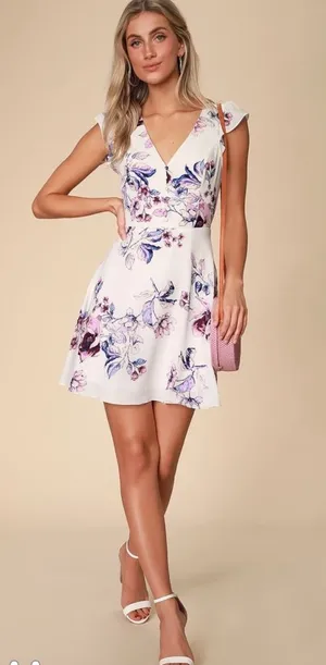 Lulus Madera White Floral print button front open back skater dress size small thumbnail 1