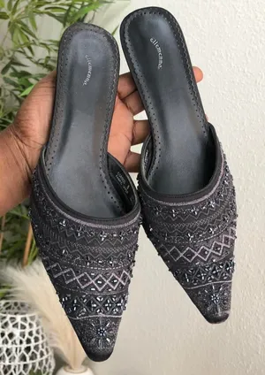 2000s Y2K Whimsygoth Romantic Coquette Black mules kitten heels pumps sequins beading genuine leather. Glamorous embellished pointed-toe sandals-Women’s size 8 Approx 2.5” kitten heels #coquette #twee #fairycore #whimsygoth #dark thumbnail 1