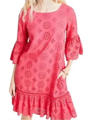 by Anthropologie Dani Coral Red Lace Eyelet Bell Sleeve Ruffle Dress Sz 0 thumbnail 1