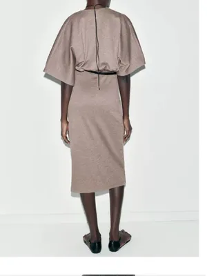 Zara Taupe Kimono-Sleeve Midi Dress with Black Belt thumbnail 5