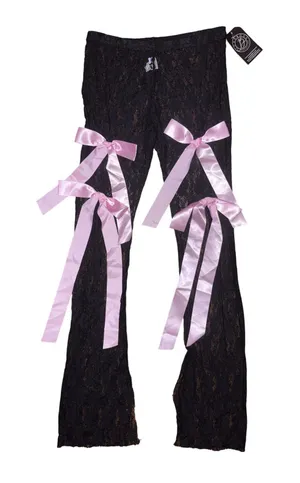 Sheer Black Lace Flare Pants Whimsigoth Coquette Pink Bows Coquette Pastel‎ Goth thumbnail 1