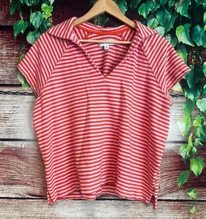 Free People Free Assembly Terry Cloth Shirt Large Short Sleeve Orange Striped Top TN Vols thumbnail 1