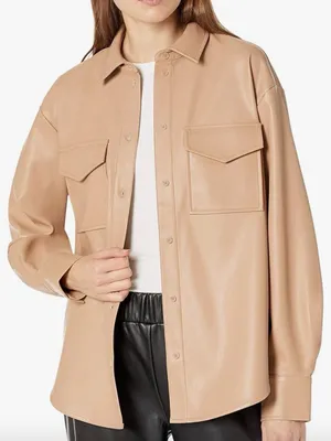 Amazon Faux Leather Button-Down Shirt Jacket in Camel thumbnail 1