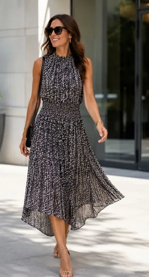 Halston Heritage Pleated Midi Dress XS Smocked Waist Sleeveless Wedding Guest thumbnail 1