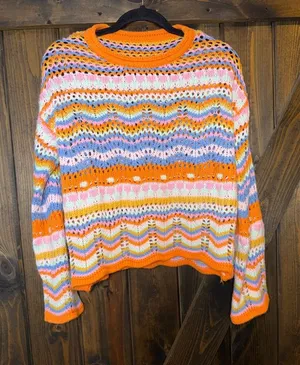 Multicolor‎ Open-Knit Crewneck Sweater in Orange Accent thumbnail 1