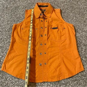 Harley Davidson Moto Sleeveless Orange Button Down Shirt Size Small thumbnail 9