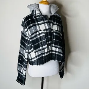 Zara Black and White Plaid Cropped Bomber Jacket thumbnail 3