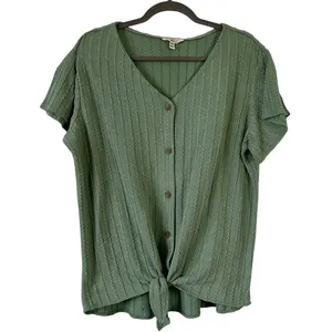 Weatherproof Vintage Ribbed Tie Front Blouse Henley Boho Knit Short Sleeve Top thumbnail 2