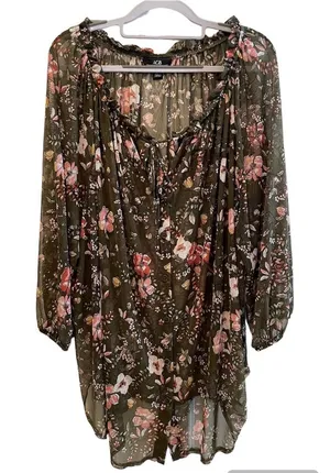 AGB Woman Floral Long Sleeve Semi Sheer Blouse Olive Green‎ & Orange Size XXL thumbnail 1