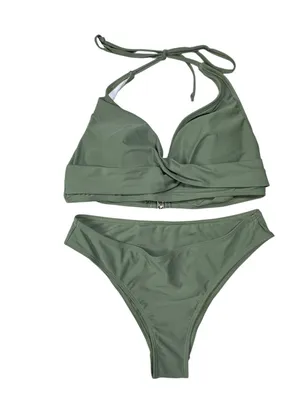 Olive Green Two-Piece Bikini Swimsuit | Halter Wrap Top Women’s Size Small NWOT thumbnail 2