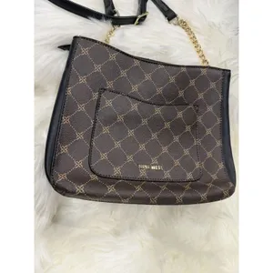 Nine West Brown Monogram Crossbody Shoulder Bag Purse Gold Chain Black Logo thumbnail 5