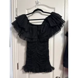 Black Tulle Ruffle Off Shoulder Ruched Mini Dress Coquette‎ Glam Cocktail Party thumbnail 3