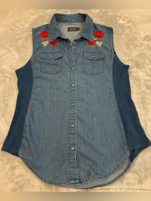 Women’s Cavalini Denim Sleeveless Button-Down Shirt - Red Rose Embroidery Size M thumbnail 1