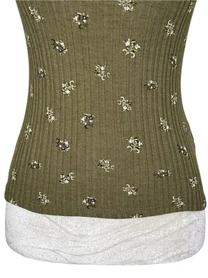 Old Navy Fitted Floral Top Women Size XS Elbow Sleeves Rib Knit Green thumbnail 3