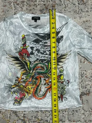 Ed Hardy Dragon Dagger white mesh long sleeve crop top Large Y2K thumbnail 6