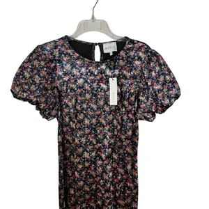 NWT Mable Leighton Floral Velvet Puff Sleeve Midi Dress Navy Size L thumbnail 4