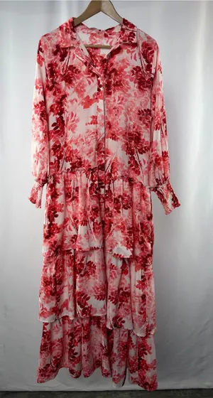 Udel New York Floral Long Sleeve Tiered‎ Maxi Shirt Dress in White Red thumbnail 1