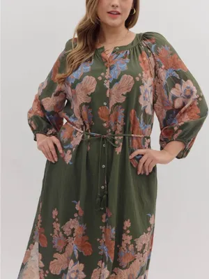 New!Entro Boutique Floral Tie-Waist Midi Dress in Olive Size 2X thumbnail 6
