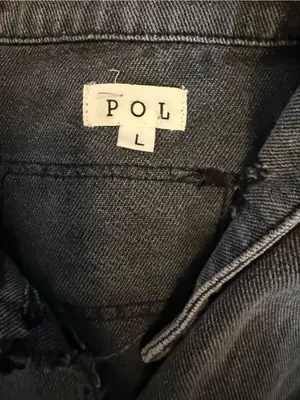 POL Washed Charcoal Black Distressed Denim Jacket with Dark Knit Sleeves Large thumbnail 6