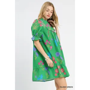 Umgee Multi Flower Print V-Neck Dress - Island Green - Medium thumbnail 2