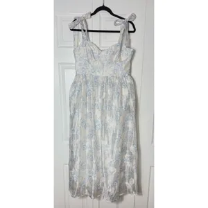 Lulus White Baby Blue Floral Burnout Tie-Strap Sweetheart Midi Dress Size M thumbnail 5