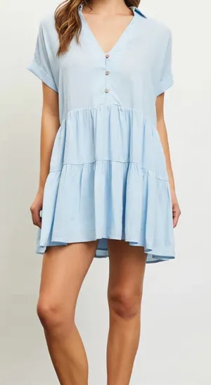 Mustard Seed Sky Blue Tiered Mini Dress thumbnail 1