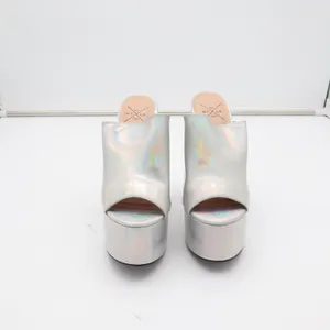 NYLA Silver Holographic Platform Mules Chunky Block Heel Open Toe Size 7 thumbnail 3