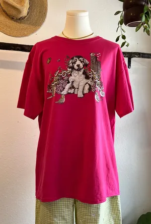 Jerzees Vintage 90s Pink Dog Garden Graphic Cotton Short Sleeve Tee Size Large thumbnail 1