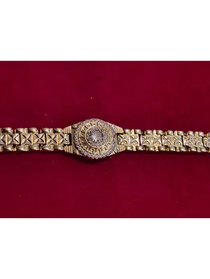 Gold-Tone Greek Key Medallion Link Bracelet – CZ Halo Accent, 0.5" Wide Band 7”L thumbnail 5