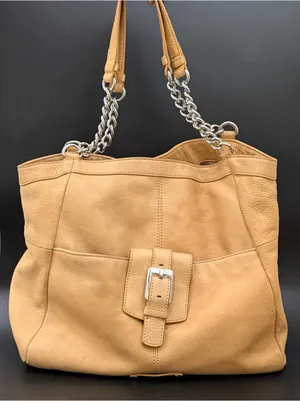 B. MAKOWSKY Beige Tan Pebbled Leather Chain Strap Tote Shoulder Bag thumbnail 1