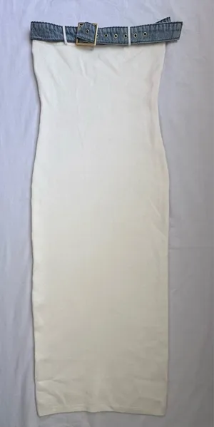 LU♥NYC White Strapless Bodycon Midi Dress L Denim Belt Y2K thumbnail 1