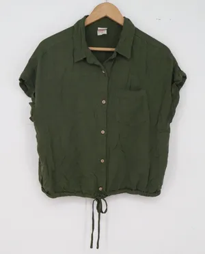 No Boundaries Button Down Junior L 11-13 Cropped Olive Green Drawstring Exc thumbnail 1
