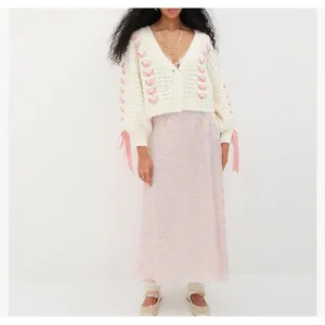 Ribbon Lace Up‎ Cardigan Womens Large Cream Pink Coquette Pointelle Knit Chunky thumbnail 8