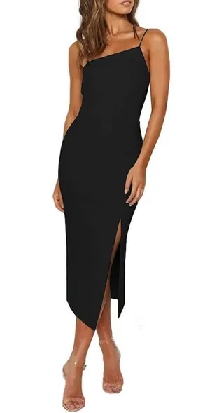 LYANER Women Spaghetti Straps Split Hem Sleeveless Zipper Bodycon Midi Dress XS thumbnail 1